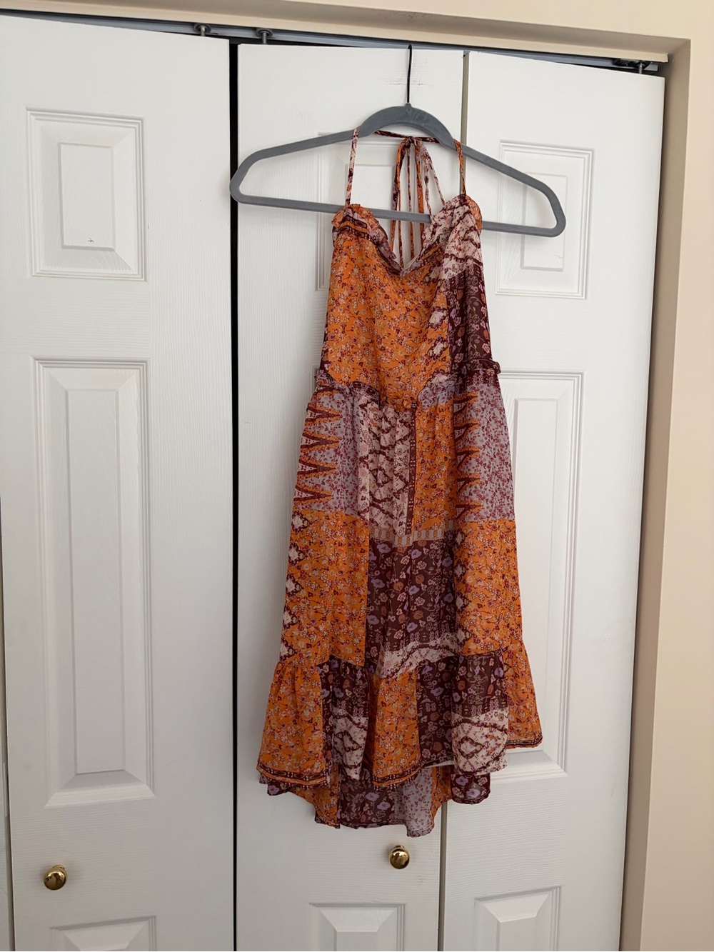 Boho Patchwork Halter Sundress in Orange and Brown